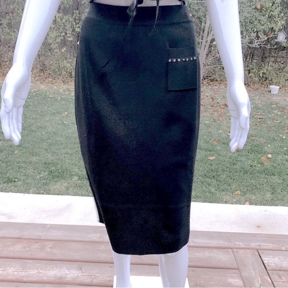 Sonia Rykiel warm soft black wool knit skirt at knee shiny rhinestones on pocket